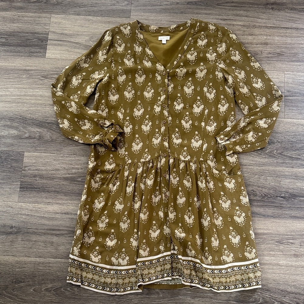 Garnet Hill Olive and Cream Patterned Long Sleeve Dress Women’s Button Down 10